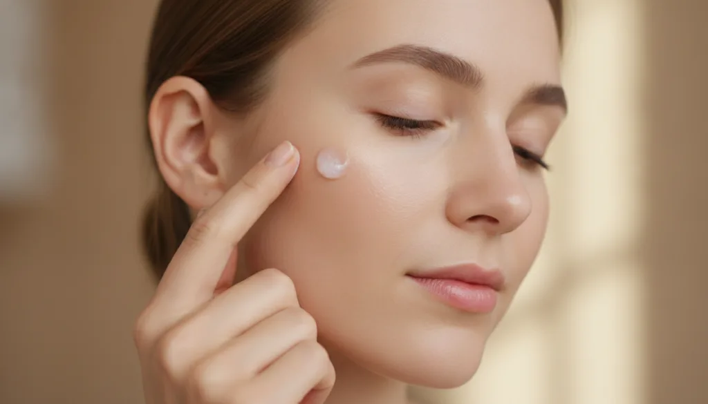 A small amount of the Vaseline and Alum Stone gel applied gently onto a woman s face demonstrating application for fine 