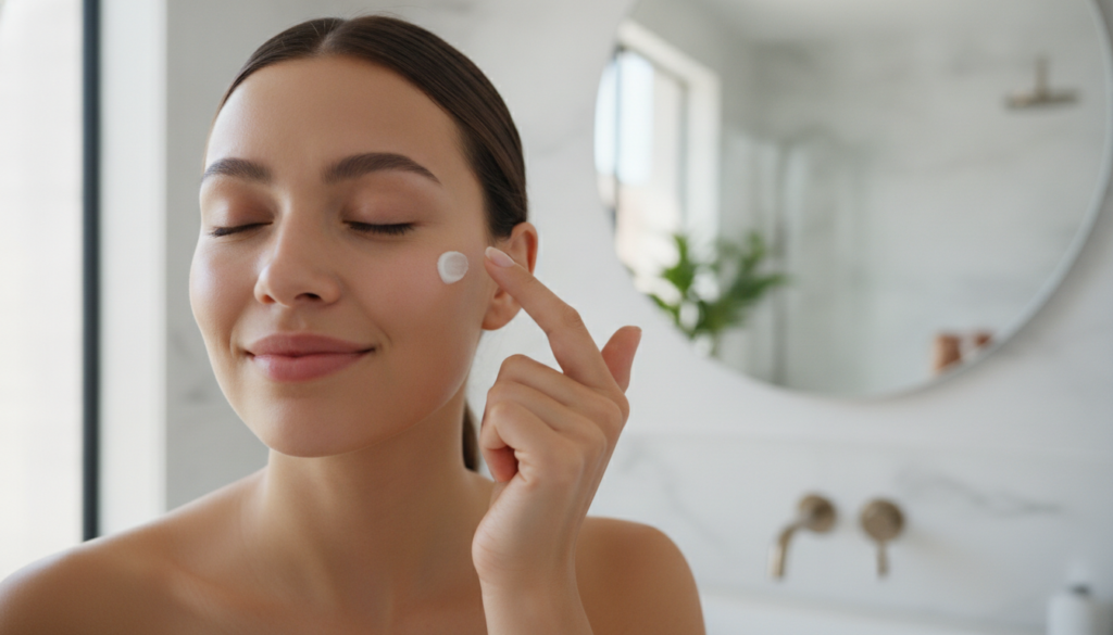 A woman gently applying a small amount of the DIY Vaseline and alum stone paste to her cheek with her fingertip