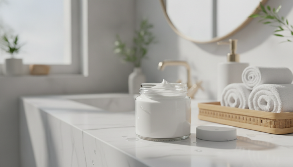 A small elegant glass jar filled with the homemade Vaseline and alum stone paste on a vanity