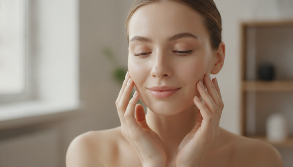 A woman with a radiant hydrated complexion gently touching her cheek after using a face mask with a soft natural glow