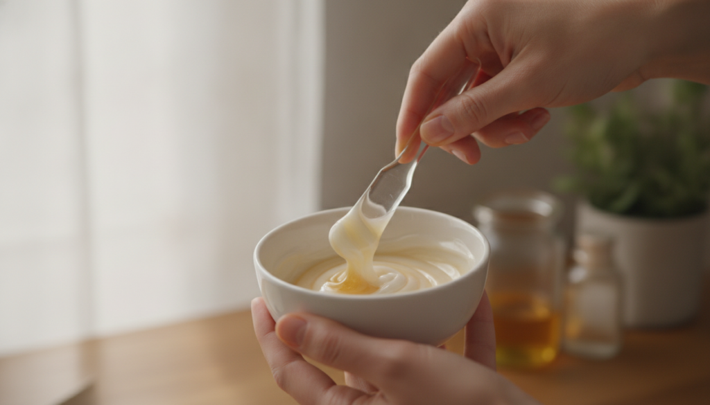 A person s clean hands gently mixing Vaseline and honey in a small bowl with a mini spatula showing the creamy texture b