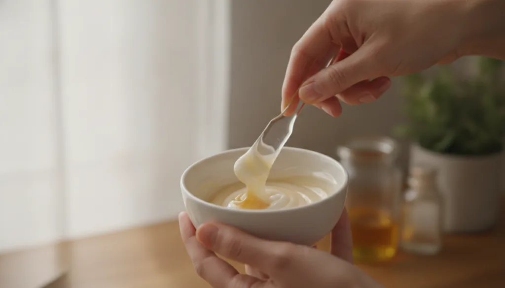A person s clean hands gently mixing Vaseline and honey in a small bowl with a mini spatula showing the creamy texture b