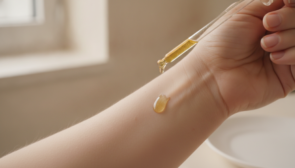A close-up shot of a hand applying a small amount of oil to the inner arm for a patch test with a focus on skin texture