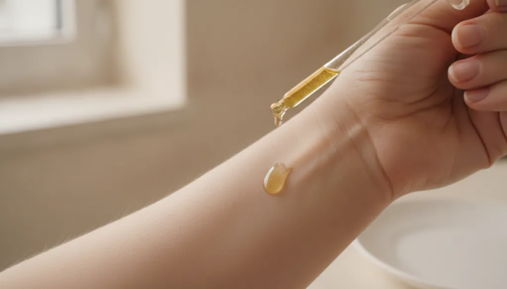 A close-up shot of a hand applying a small amount of oil to the inner arm for a patch test with a focus on skin texture