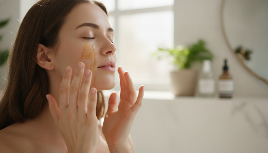 A woman gently massaging a few drops of homemade oil onto her clean face with soft natural light highlighting her glowin