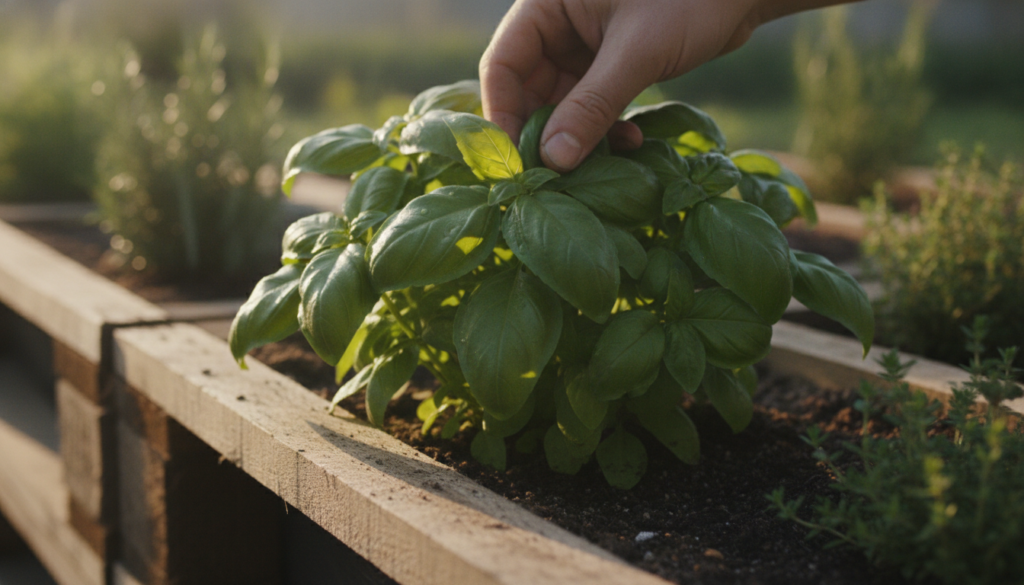 A close-up of a hand gently harvesting fresh basil leaves from a lush plant growing in one of the pallet sections with o