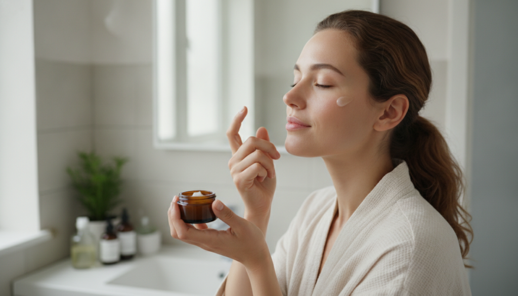 A woman gently applying a small amount of the Vaseline and alum stone balm to her cheek demonstrating a light touch duri