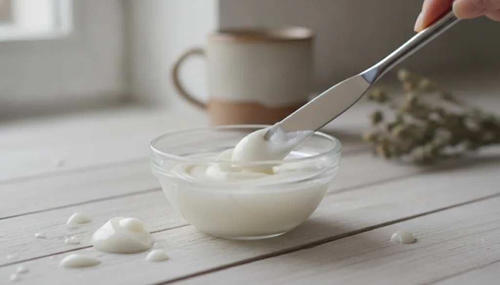 A close-up of a small bowl containing a creamy white balm being stirred with a spatula with finely crushed alum powder v