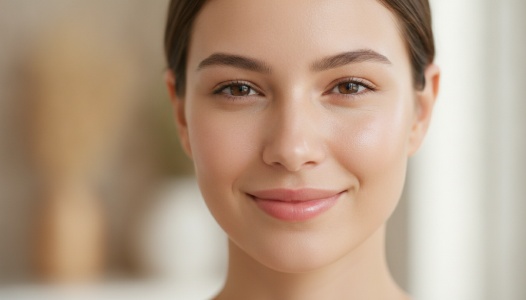 A close-up of a woman s radiant fresh-looking face after using a natural face mask Her skin appears hydrated and glowing