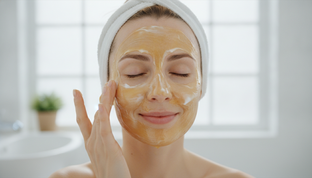 A woman gently applying a thick creamy honey and yogurt mask to her clean face with her fingertips Her eyes are closed i