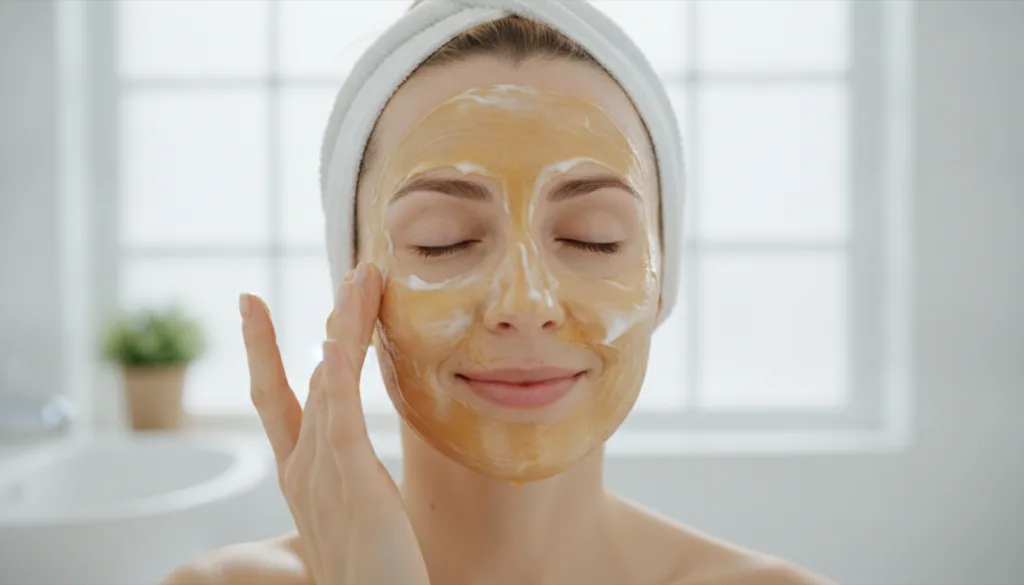 A woman gently applying a thick creamy honey and yogurt mask to her clean face with her fingertips Her eyes are closed i