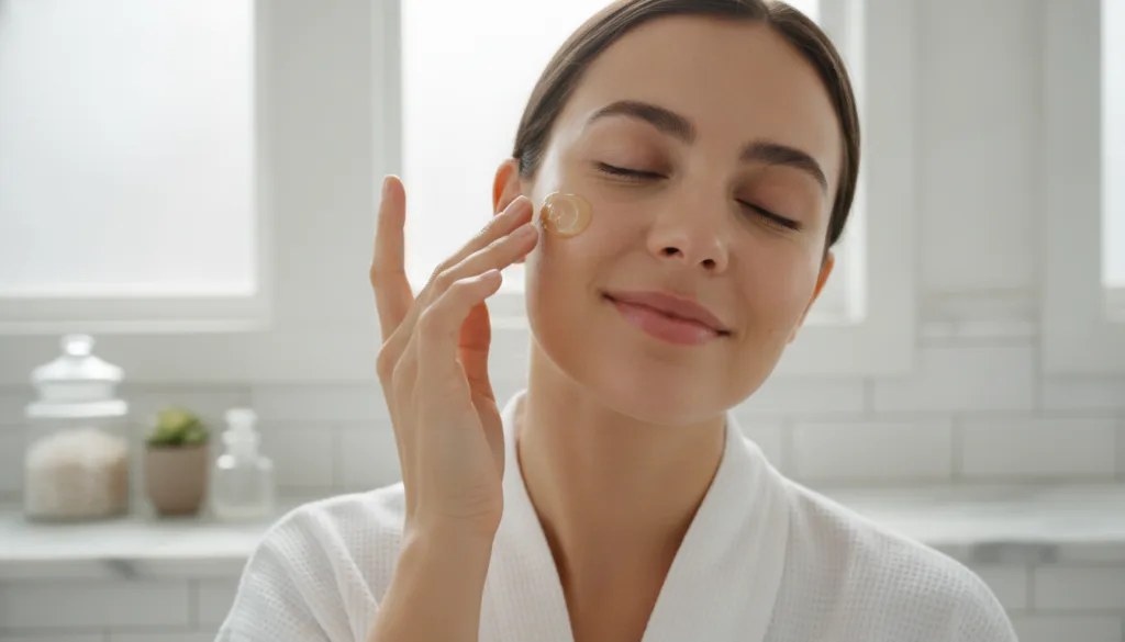 A woman gently applying the Vaseline and honey blend to her clean face focusing on areas prone to dryness like cheeks or