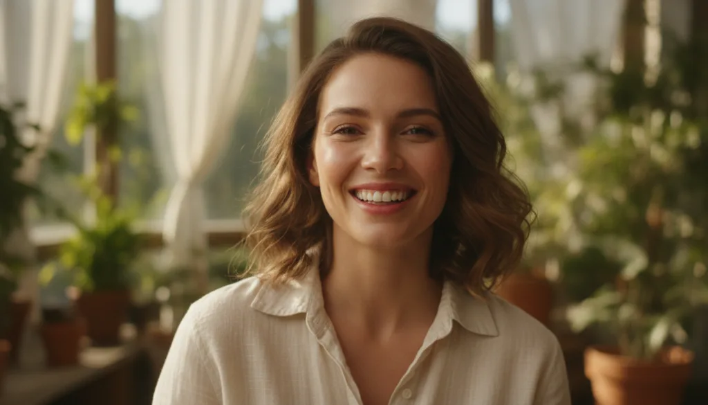 A woman smiling confidently her skin looking fresh and naturally radiant with a soft glow in a warm natural light settin