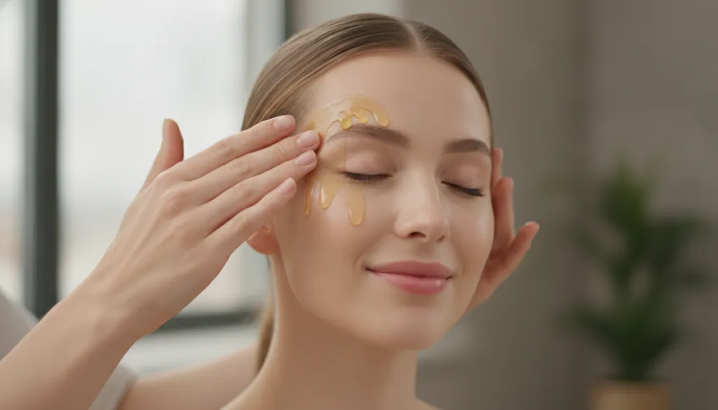 Hands gently massaging a few drops of golden oil onto a woman s face Her skin looks smooth and radiant in soft natural l