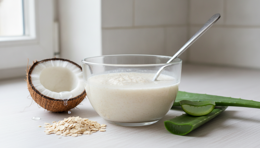 A clear glass bowl containing a milky liquid mixture of blended oats coconut water and aloe vera with a spoon resting in