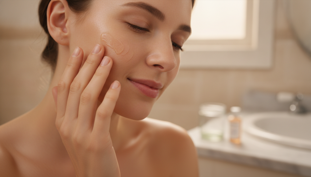 A woman with clean radiant skin gently massaging a small amount of the Vaseline and baby oil mixture onto her cheek with