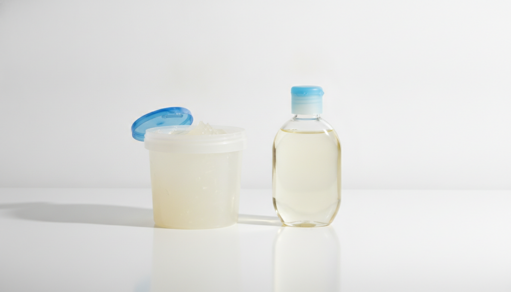Two distinct containers one recognizable tub of Vaseline petroleum jelly and one bottle of baby oil placed side by side