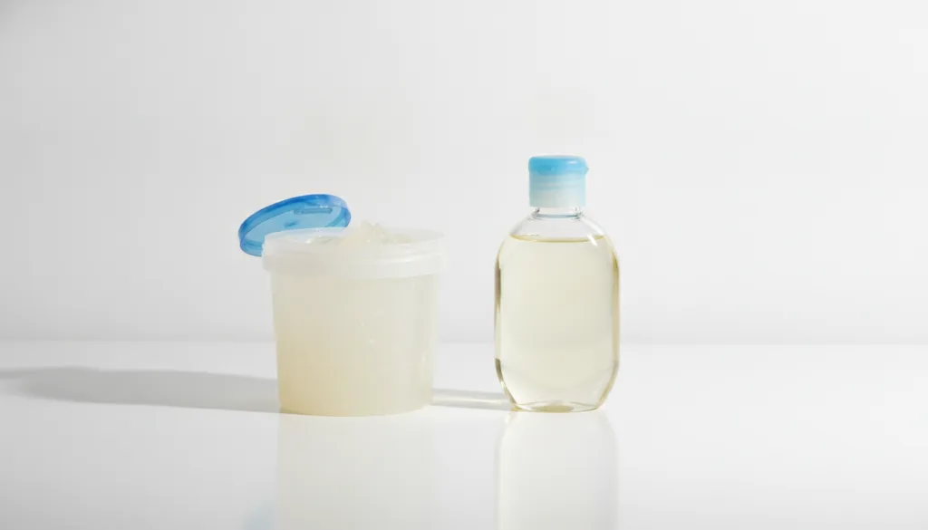 Two distinct containers one recognizable tub of Vaseline petroleum jelly and one bottle of baby oil placed side by side
