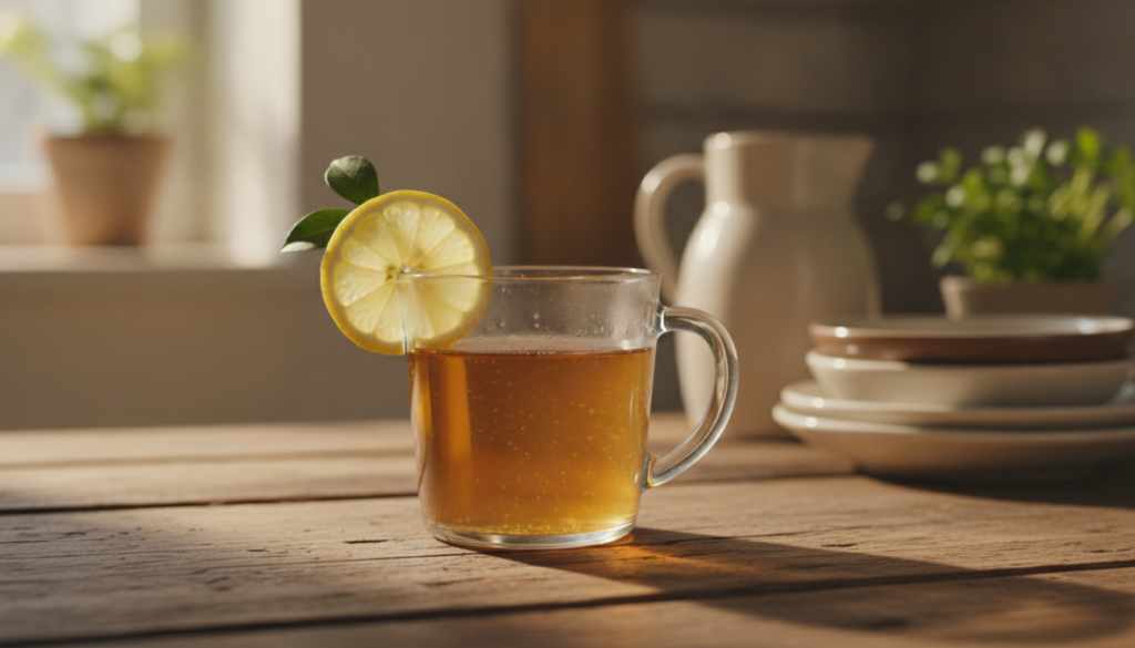 A clear glass mug filled with the amber-colored heart tonic garnished with a slice of lemon on a rustic wooden table wit