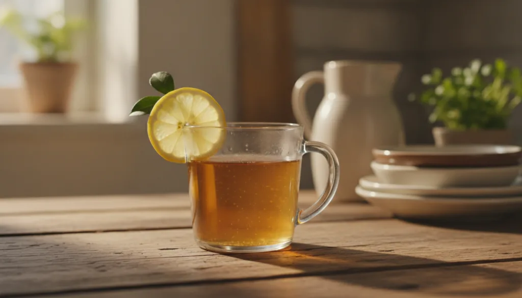 A clear glass mug filled with the amber-colored heart tonic garnished with a slice of lemon on a rustic wooden table wit