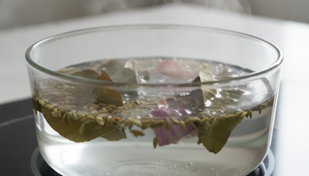 A close-up of boiling water with dried guava leaves fennel seeds and red onion peels simmering in a glass pot showing st