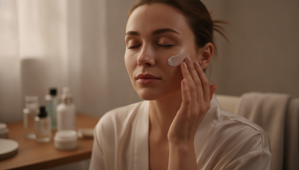 A woman gently applying a thin layer of cream to her cheekbone area during her nightly skincare routine with soft focus 