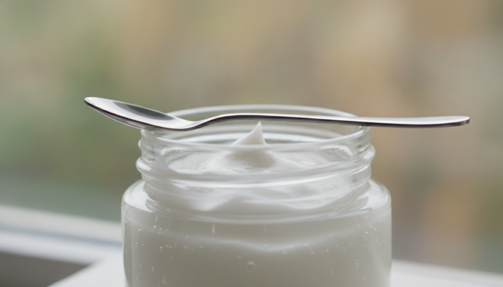 A small clear glass jar containing a creamy white homemade gel mixture with a tiny spoon resting on the rim The backgrou
