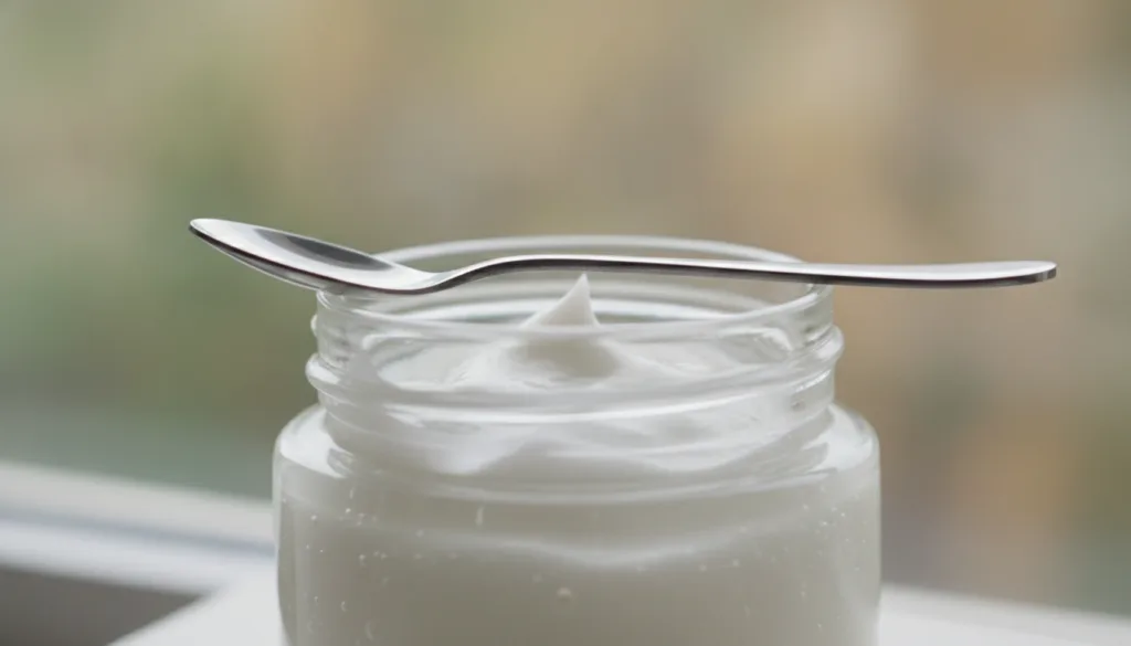 A small clear glass jar containing a creamy white homemade gel mixture with a tiny spoon resting on the rim The backgrou