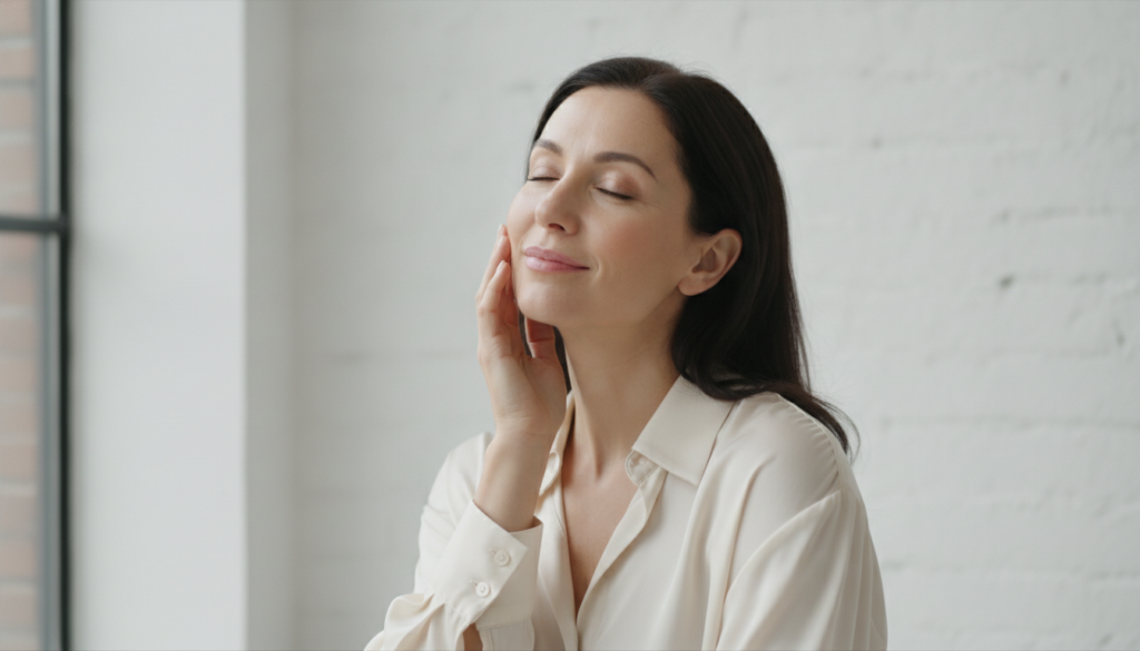 A woman aged 40-50 with radiant smooth-looking skin gently touching her cheek with a satisfied expression The background