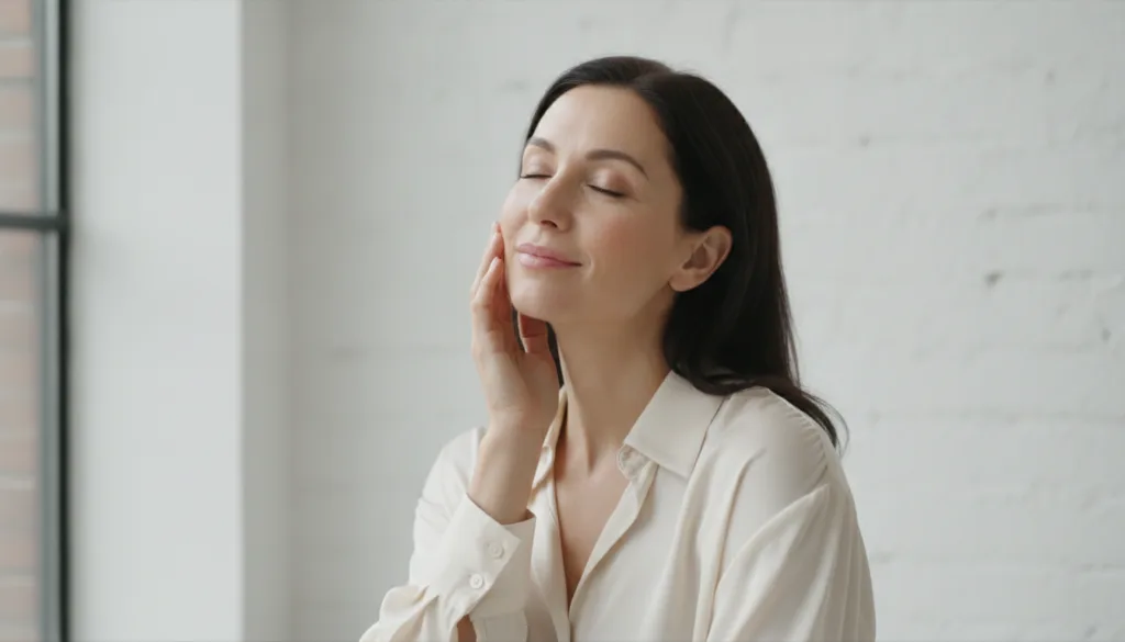 A woman aged 40-50 with radiant smooth-looking skin gently touching her cheek with a satisfied expression The background