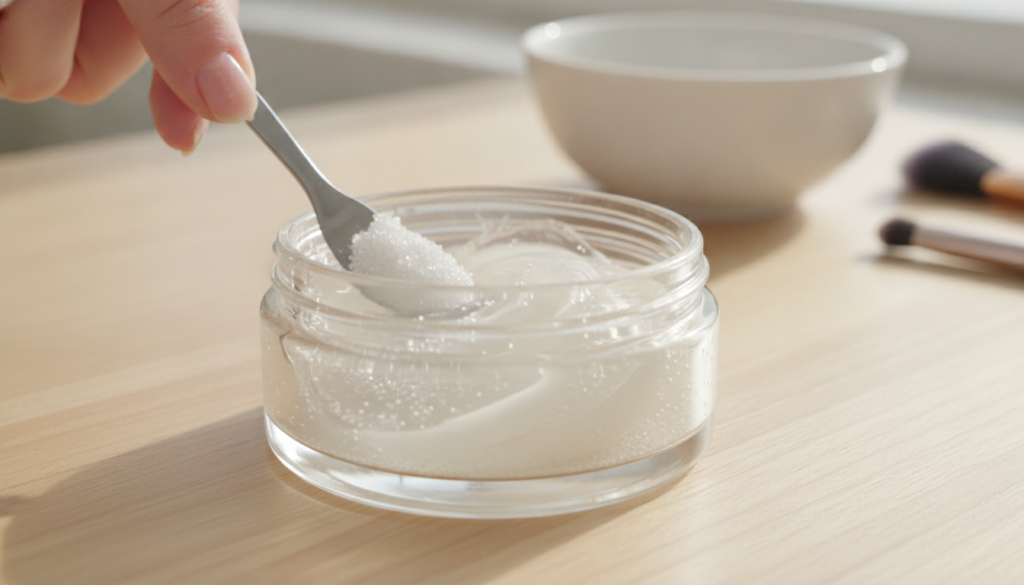 A close-up of a person s hand mixing white alum powder into a small container of Vaseline with a tiny spatula creating a