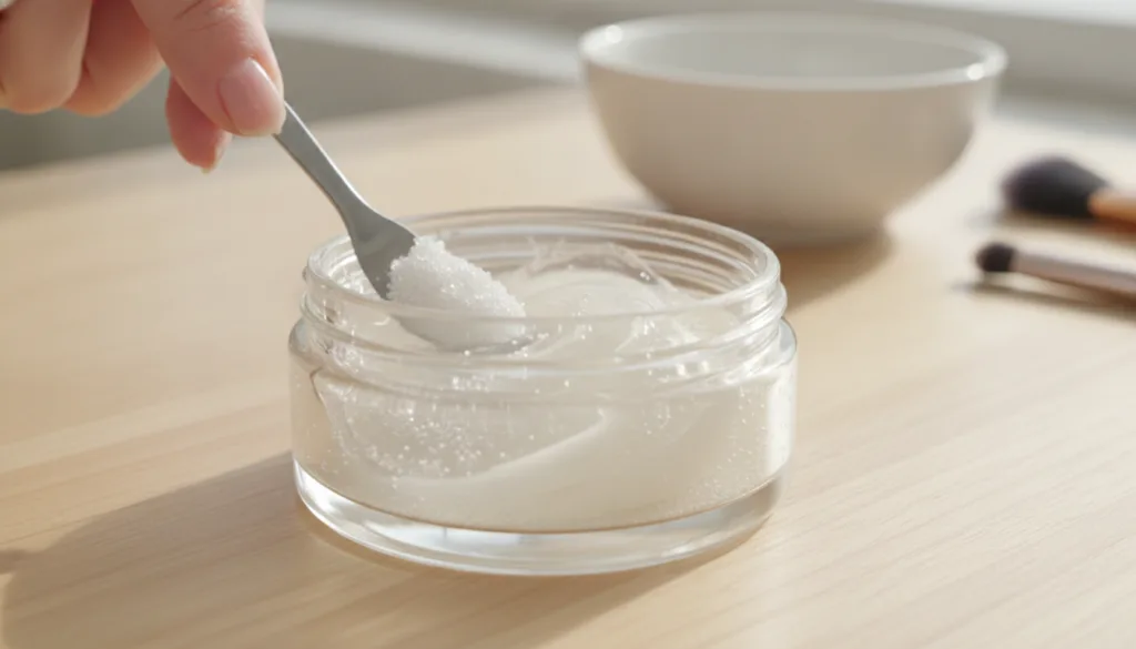 A close-up of a person s hand mixing white alum powder into a small container of Vaseline with a tiny spatula creating a