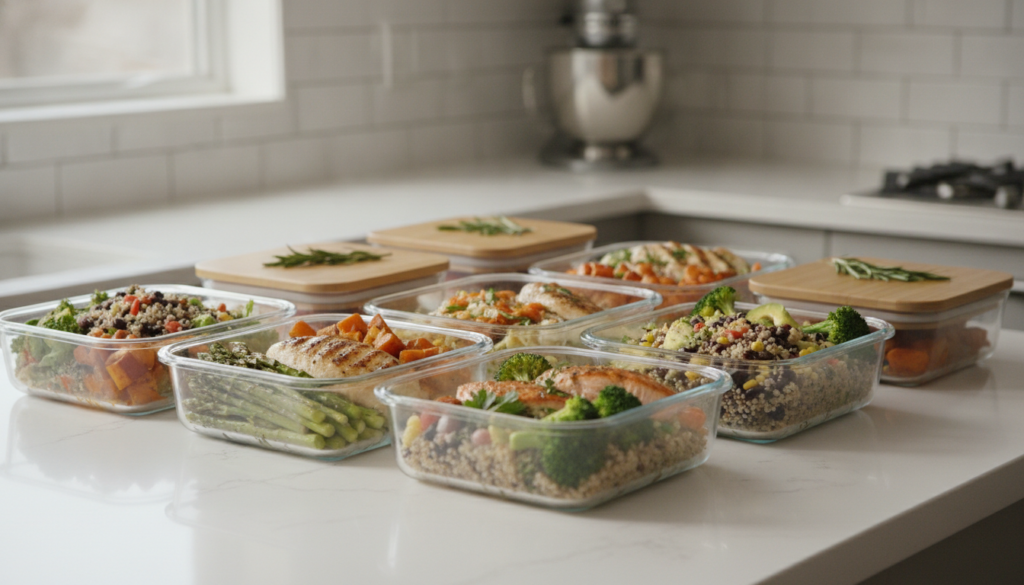 A variety of prepped healthy meals in clear meal prep containers neatly arranged on a kitchen counter showcasing organiz