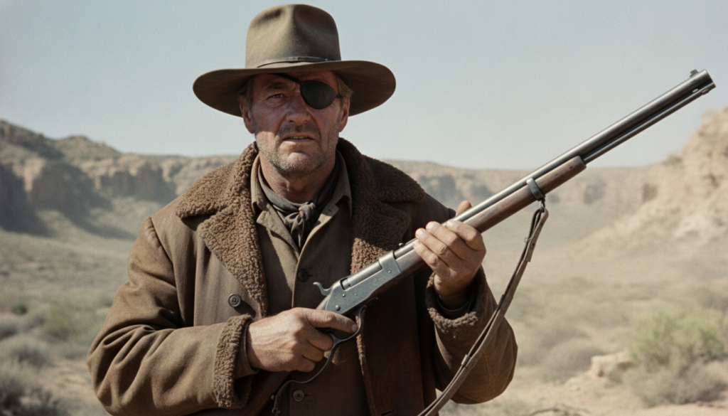 John Wayne in character as Rooster Cogburn from True Grit wearing an eye patch and holding a rifle