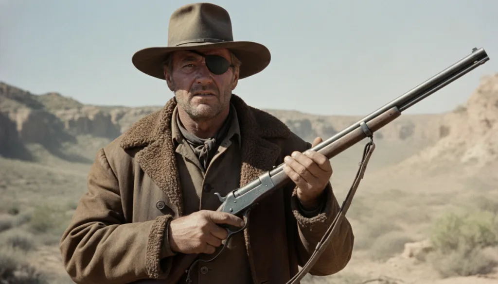 John Wayne in character as Rooster Cogburn from True Grit wearing an eye patch and holding a rifle