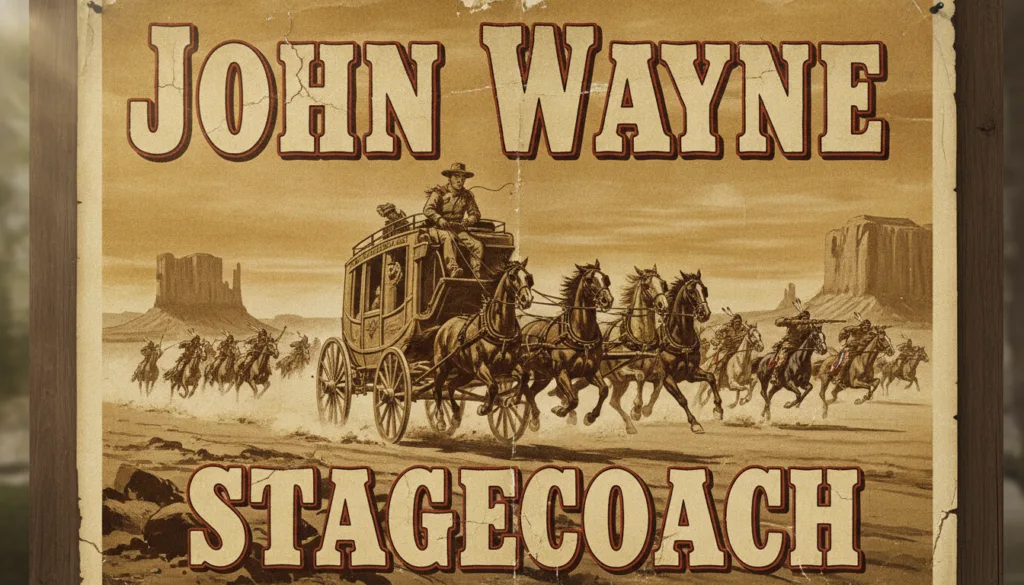 A movie poster for John Wayne s classic film Stagecoach showing the stagecoach being chased