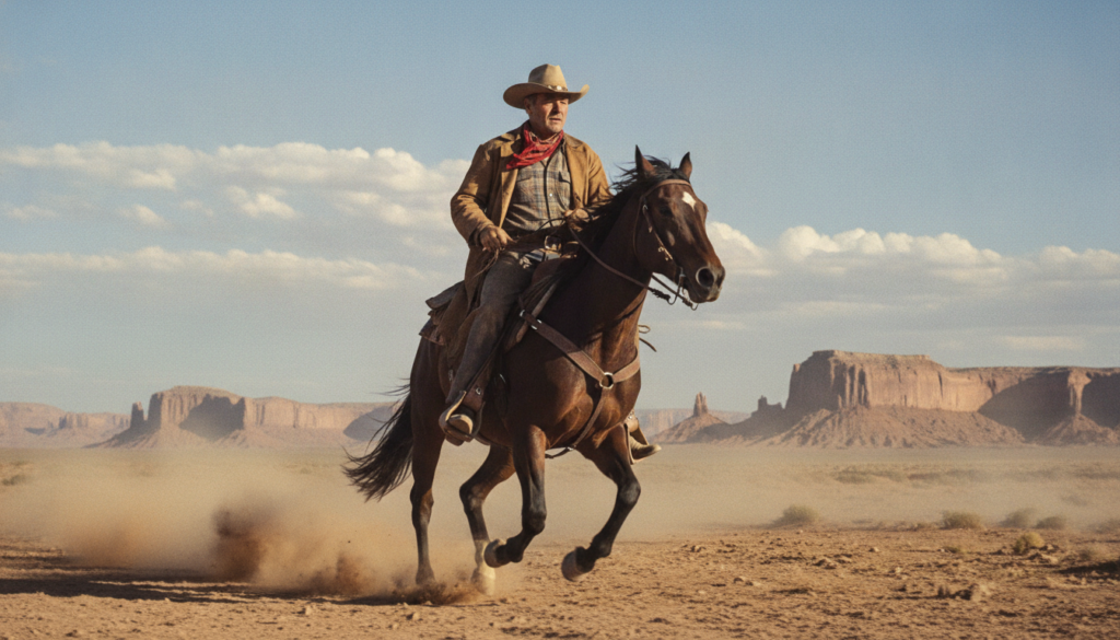 John Wayne riding a horse across a vast Western landscape in a classic movie still