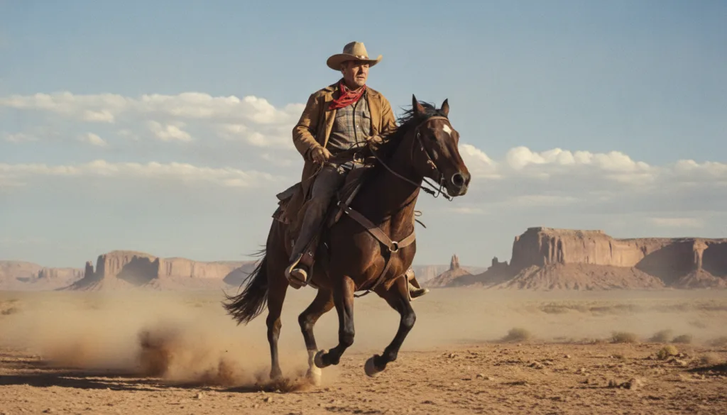 John Wayne riding a horse across a vast Western landscape in a classic movie still