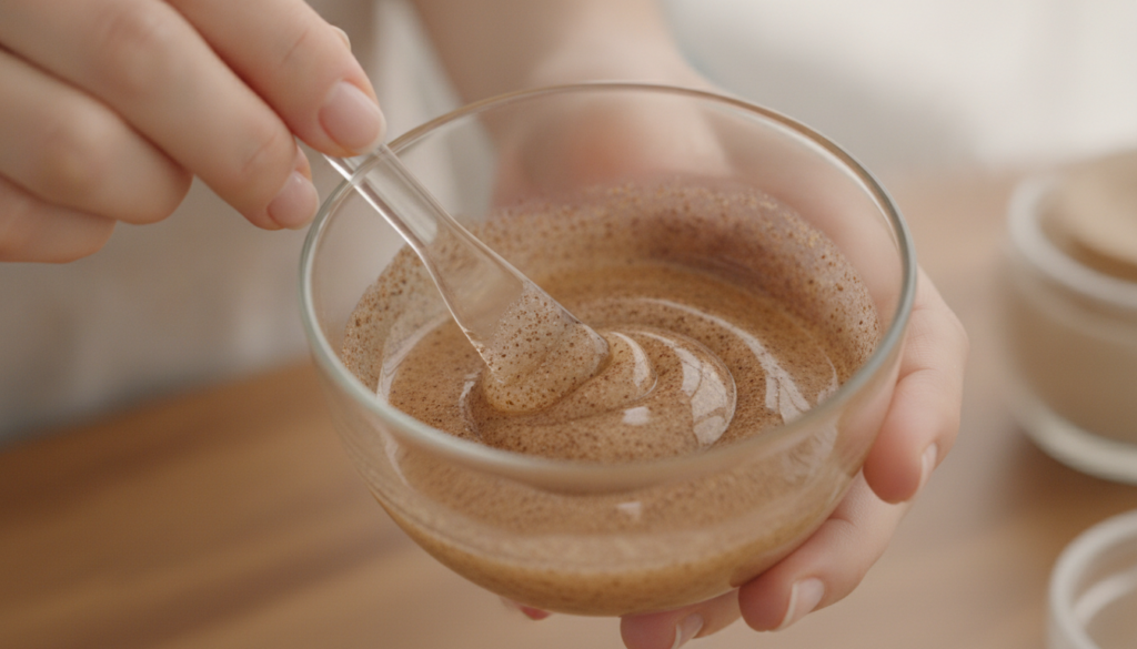 Hands mixing melted Vaseline with ground cloves in a small glass bowl using a mini spatula steam gently rising