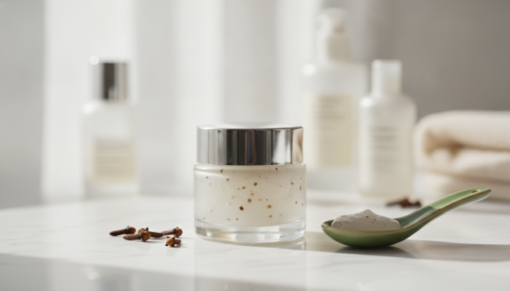 A small elegant glass jar filled with the finished Vaseline clove gel placed on a vanity with soft lighting and a blurre