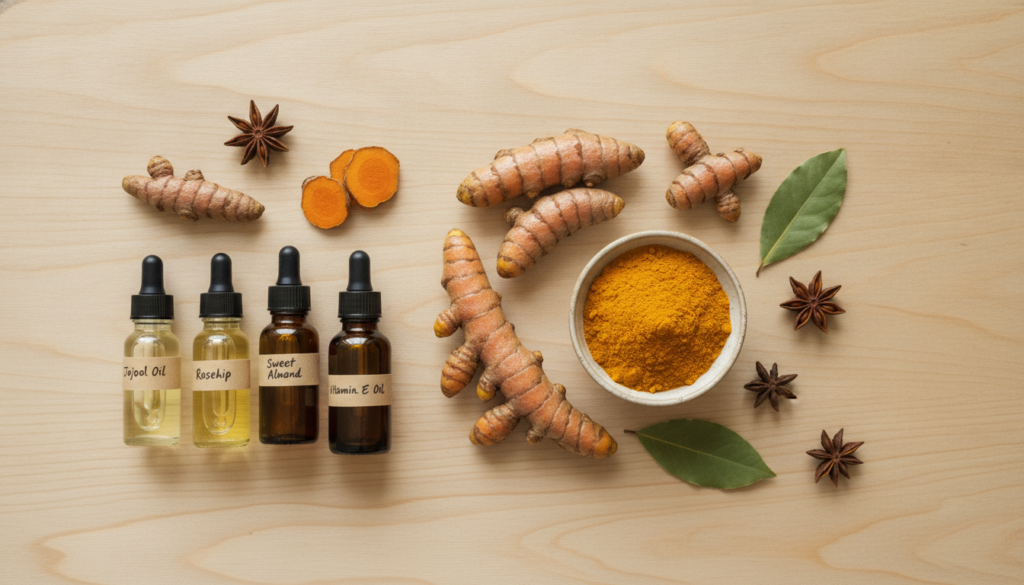 An array of natural ingredients including turmeric roots a bowl of turmeric powder small bottles of various carrier oils