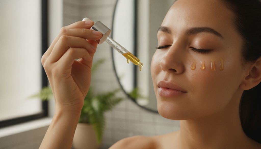 A woman gently applying a few drops of golden oil from a dropper bottle to her cheek illustrating the How to Use It sect