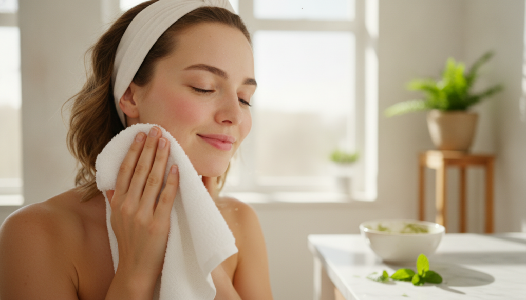 A woman s hands gently patting her face after rinsing off a face mask showing clear glowing skin