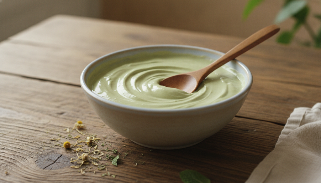 A close-up shot of a small bowl containing the mixed baby oil honey and yogurt mask with a spoon resting in it