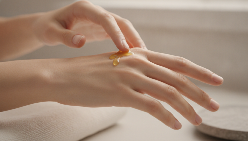 A person s hands being gently massaged with oil focusing on the back of the hands showing soft well-moisturized skin