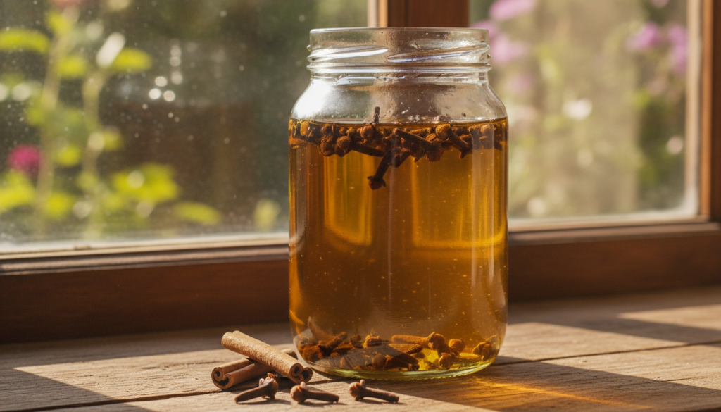 A clear glass jar containing carrier oil and whole cloves infusing in a sunny window or gentle double boiler setup