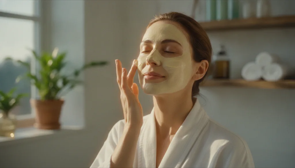A woman gently applying a thin layer of the creamy Vaseline and honey mask to her clean face with a soft glowing express