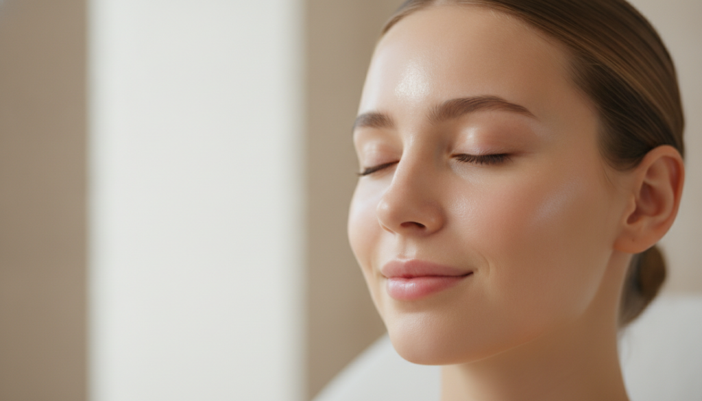 A close-up of a woman s face after removing the mask showing clear hydrated and visibly glowing skin Her complexion look