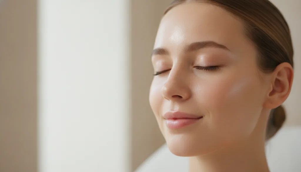 A close-up of a woman s face after removing the mask showing clear hydrated and visibly glowing skin Her complexion look
