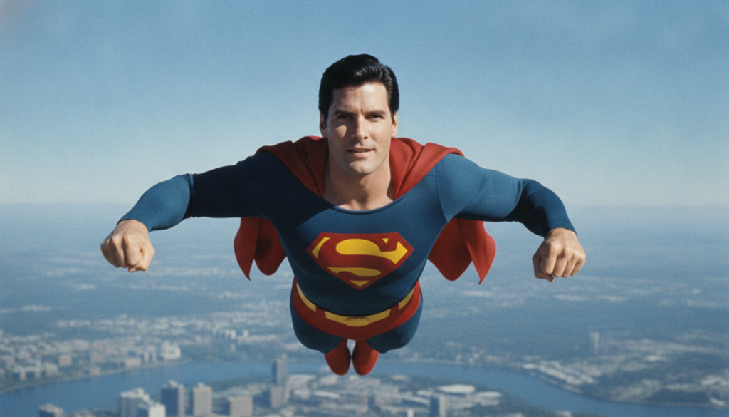 Christopher Reeve as Superman flying through the sky with a confident expression